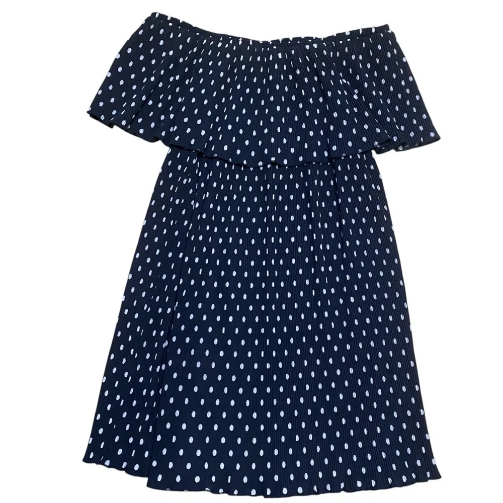 Umgee Black White Polka Dot Off The Shoulders Ruffle Mini Dress Size Medium